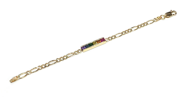 Multi Colored Stone 14K Yellow Gold Figaro Link Bracelet