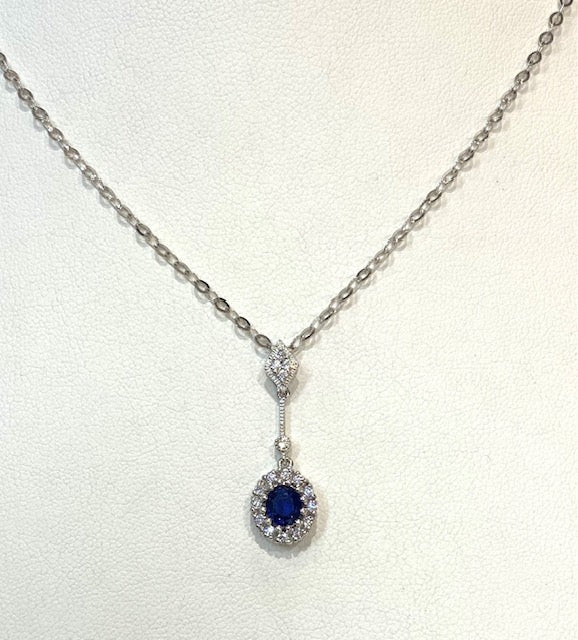 Sapphire Diamond 18K White Gold Pendant & Chain