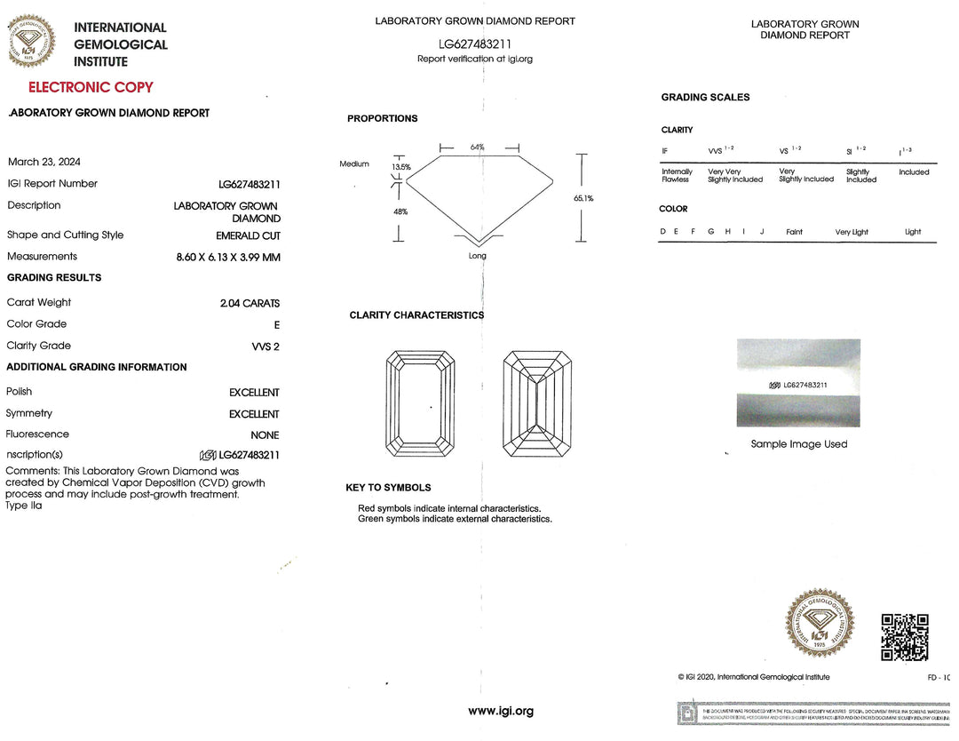 2.04 Carat E VVS2 Emerald Cut Lab Grown 18K WG Ring