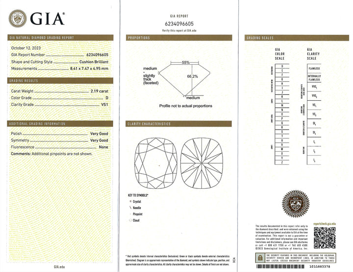 2.19 Carat VS1 D Cushion Brilliant Cut Diamond GIA