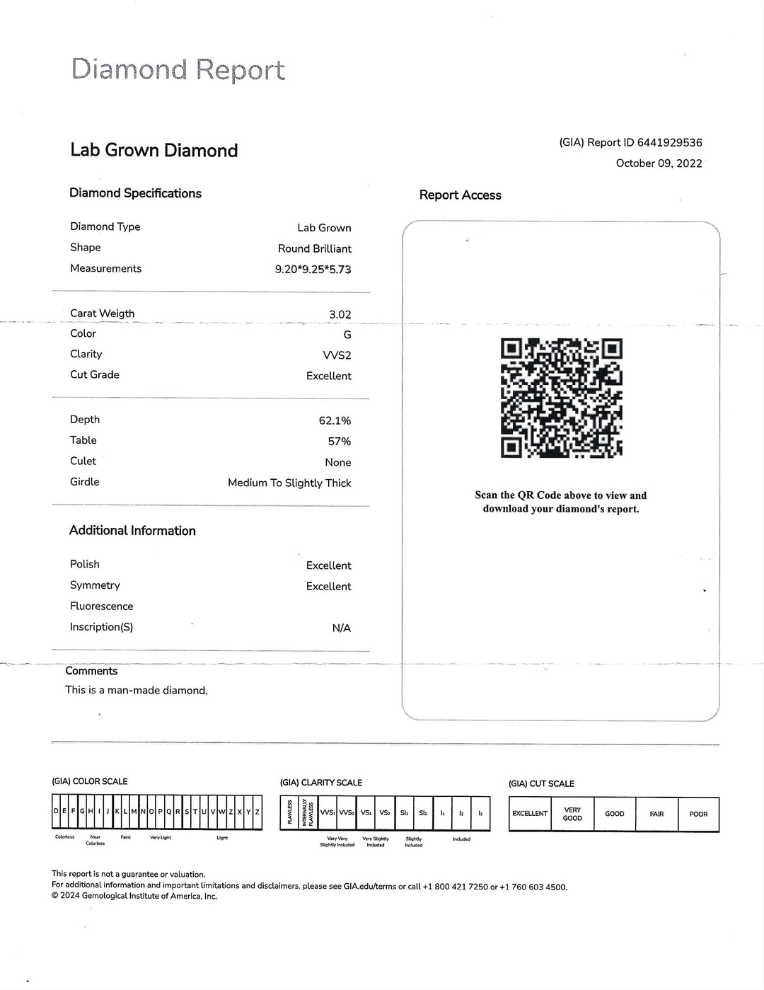 3.02 Carat G VVS2 GIA Lab Grown Diamond Platinum Solitaire Ring