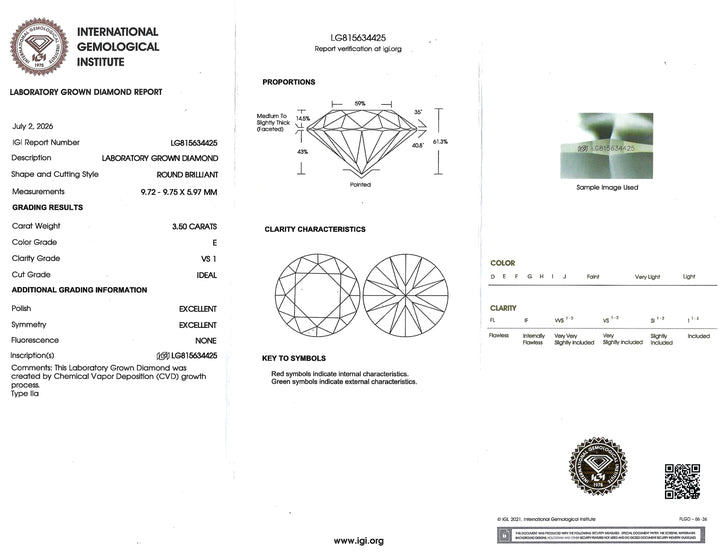 3.50 Carat E VS1 RBC Lab Grown Diamond Plat Ring