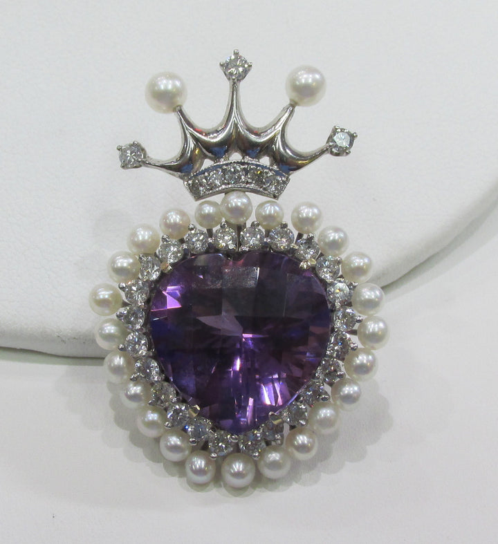 Amethyst Diamond 14K White Gold Crown Brooch/Pendant