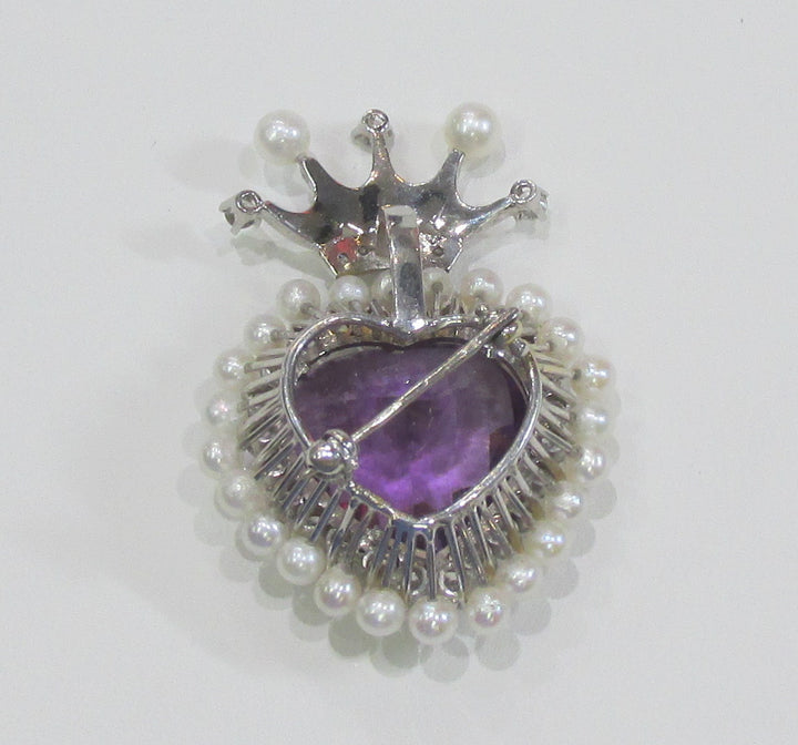 Amethyst Diamond 14K White Gold Crown Brooch/Pendant