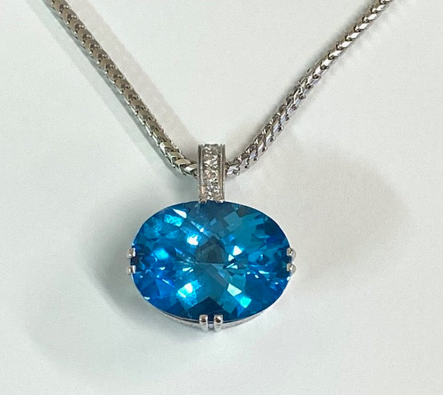 Blue Topaz Diamond 14K White Gold Pendant & Chain