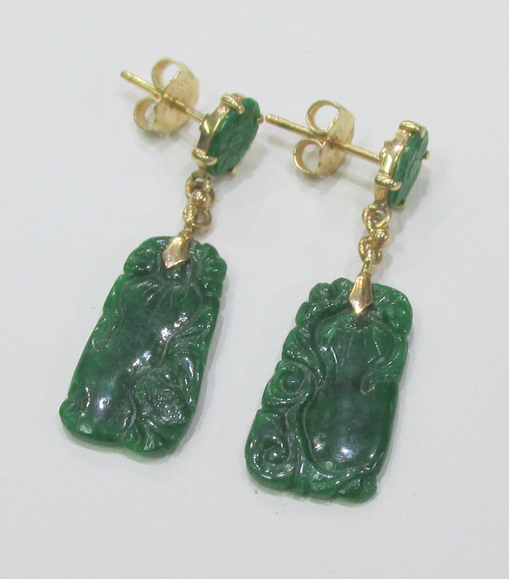 Carved Jadeite 14K Yellow Gold Drop Earrings