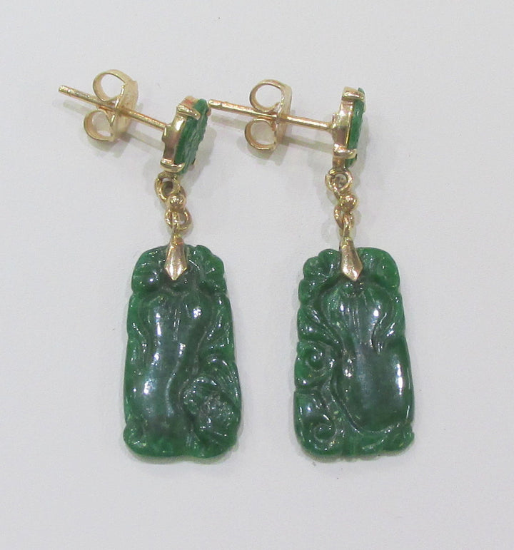 Carved Jadeite 14K Yellow Gold Drop Earrings