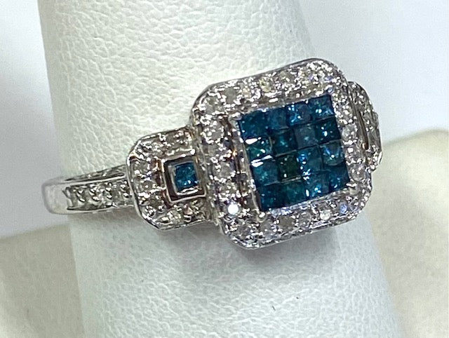 Blue & Colorless Diamond 14K White Gold Ring