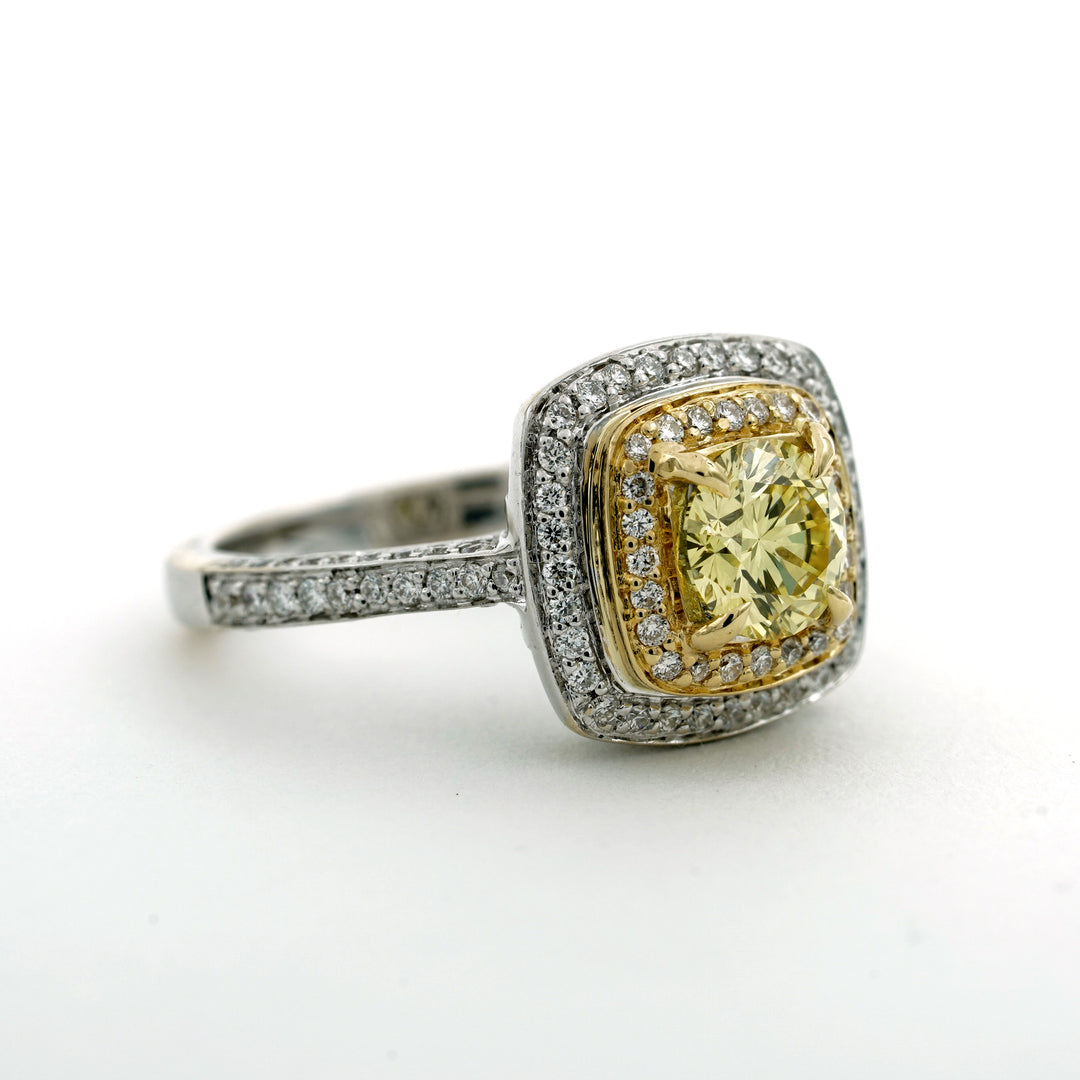 Fancy Yellow Diamond 18K YG WG Diamond Ring