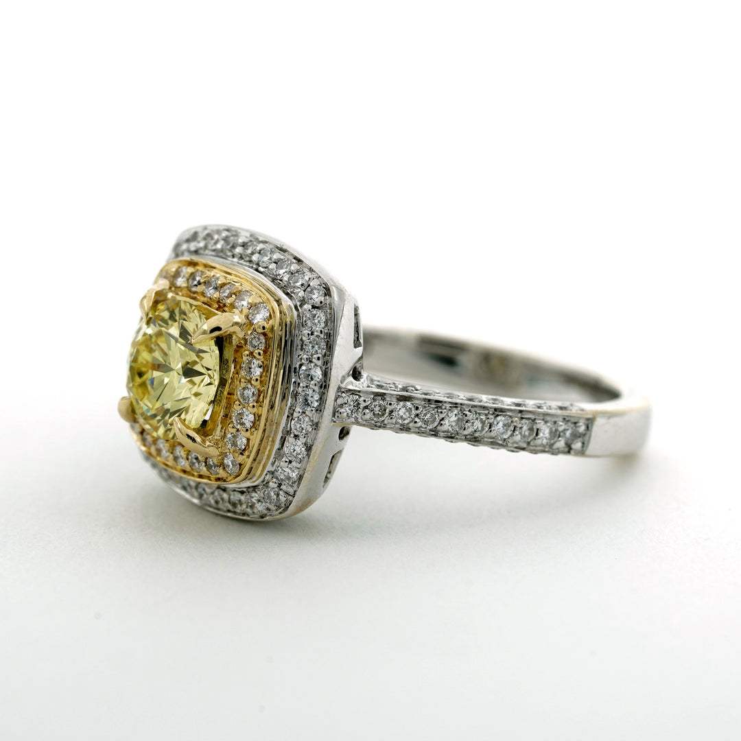 Fancy Yellow Diamond 18K YG WG Diamond Ring