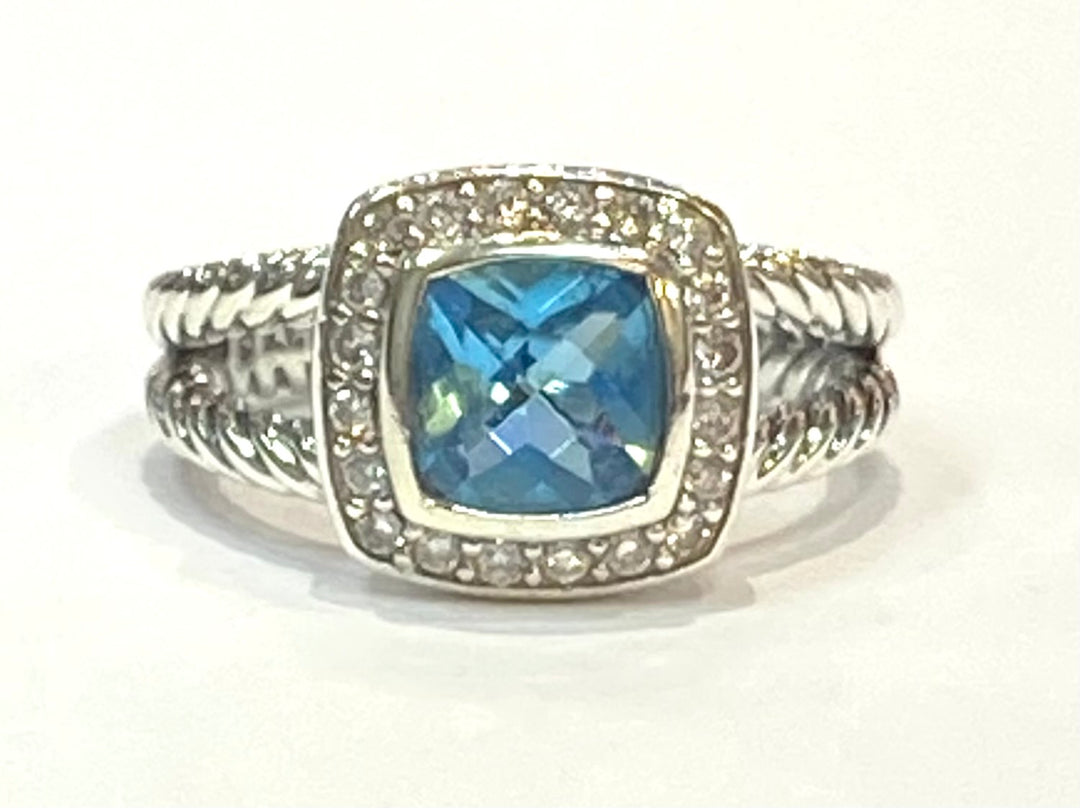 David Yurman Petite Albion Blue Topaz Diamond SS Ring