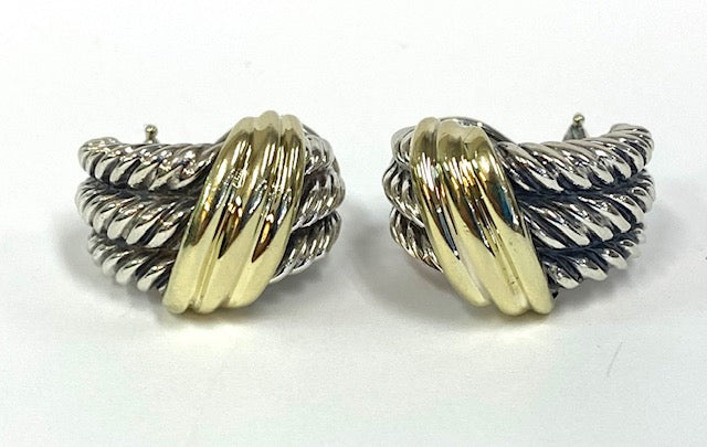 David Yurman Triple Cable Sterling Silver & 14K Yellow Gold Earrings