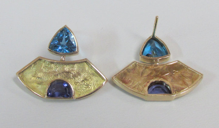 Designer Blue Topaz Lolite 14K Yellow Gold Earrings