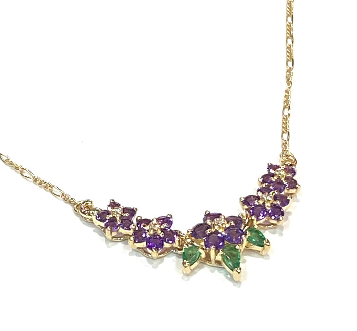 Emerald Amethyst Diamond 14K Yellow Gold Floral Design Necklace