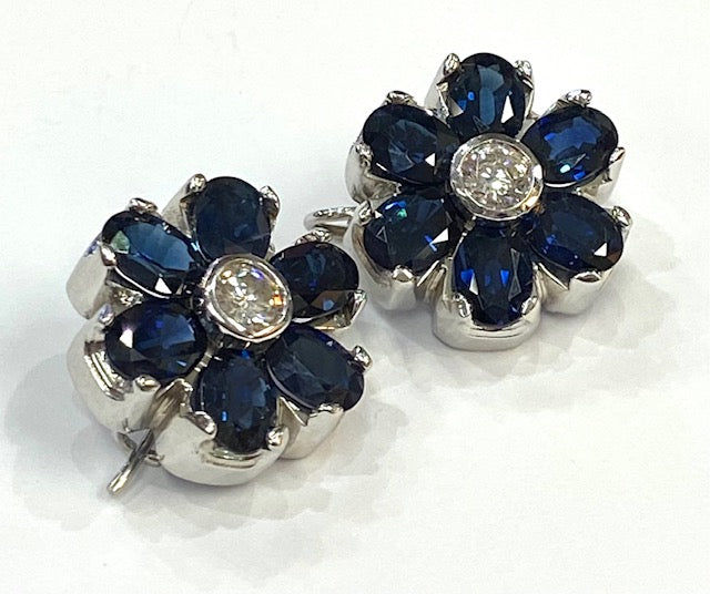 Diamond Sapphire 14K White Gold Floral Design Earrings