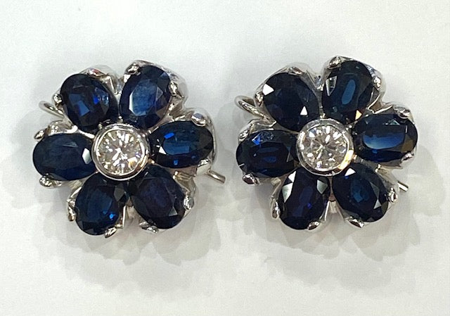 Diamond Sapphire 14K White Gold Floral Design Earrings