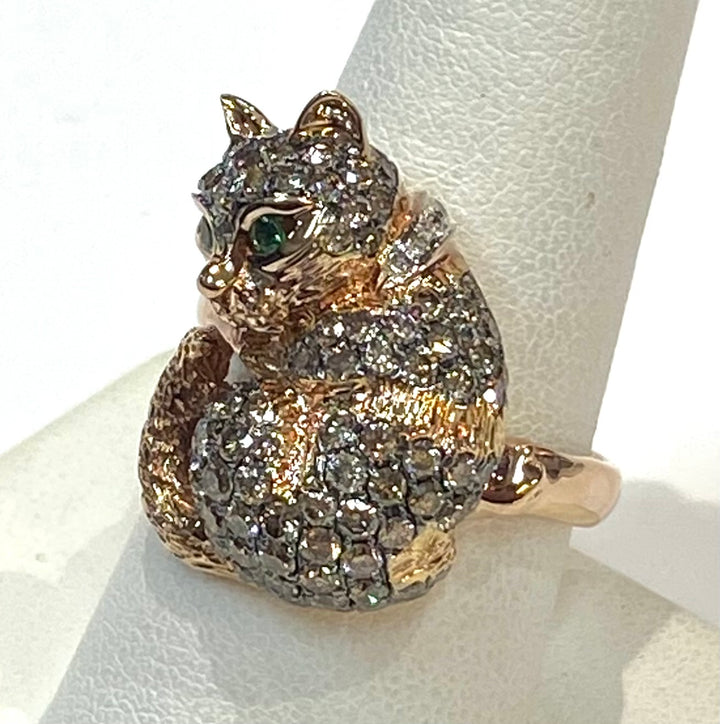 Diamond Tourmaline 18K Rose Gold Cat Design Ring