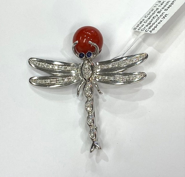 Dragonfly 14K White Gold Coral Diamond Sapphire Brooch/Pendant