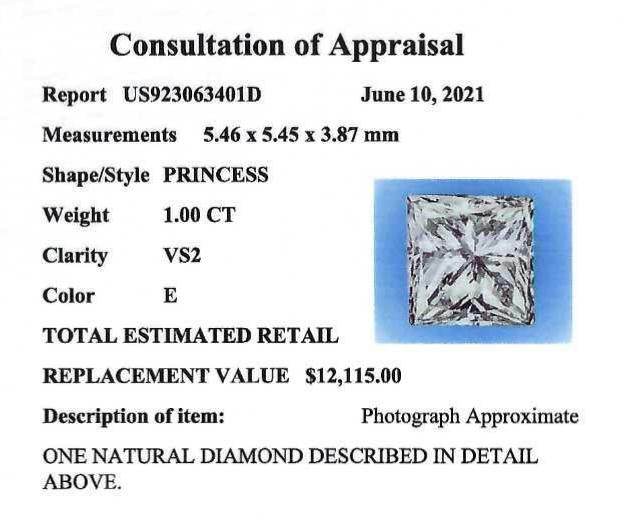 1.00 Carat E VS2 Princess Cut Diamond EGL USA