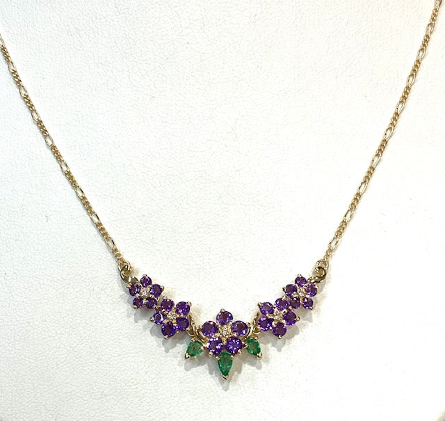 Emerald Amethyst Diamond 14K Yellow Gold Floral Design Necklace