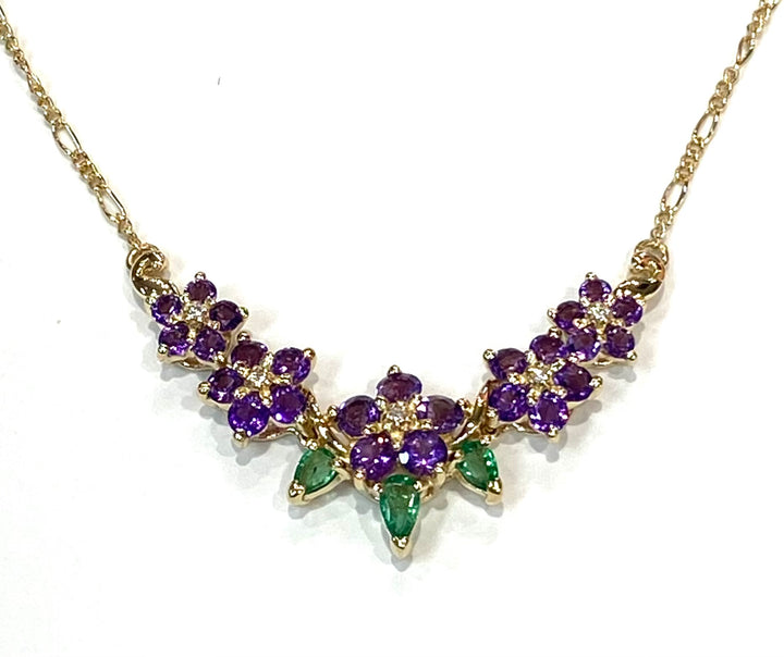 Emerald Amethyst Diamond 14K Yellow Gold Floral Design Necklace
