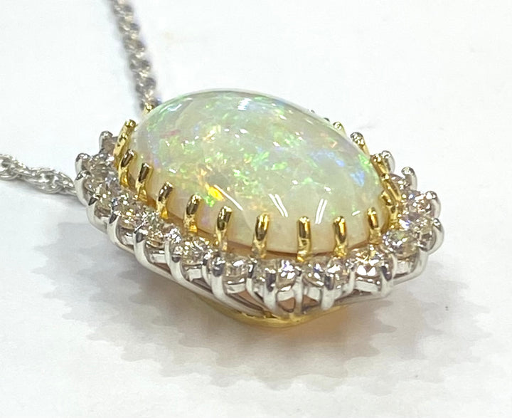 Fire Opal Diamond 18K White Gold & Yellow Gold Pendant & Chain