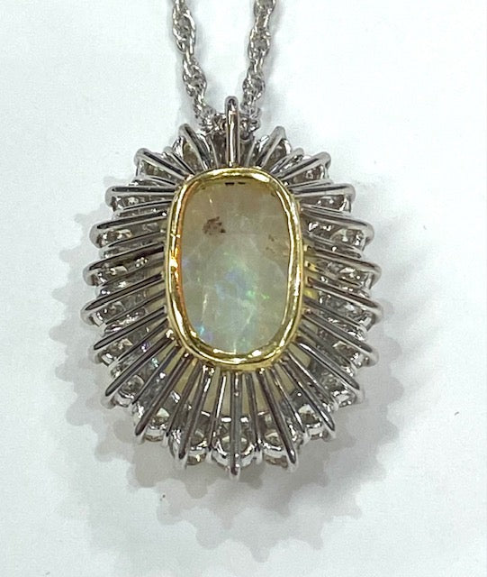 Fire Opal Diamond 18K White Gold & Yellow Gold Pendant & Chain