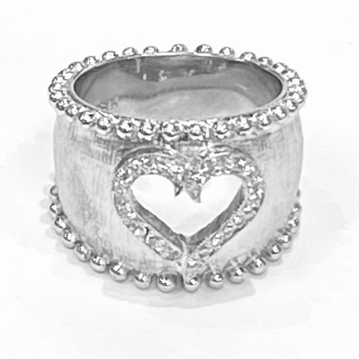 Heart Design Diamond 18K White Gold Wide Band Ring