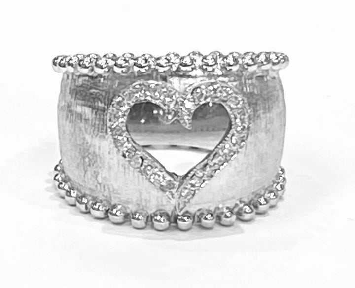 Heart Design Diamond 18K White Gold Wide Band Ring