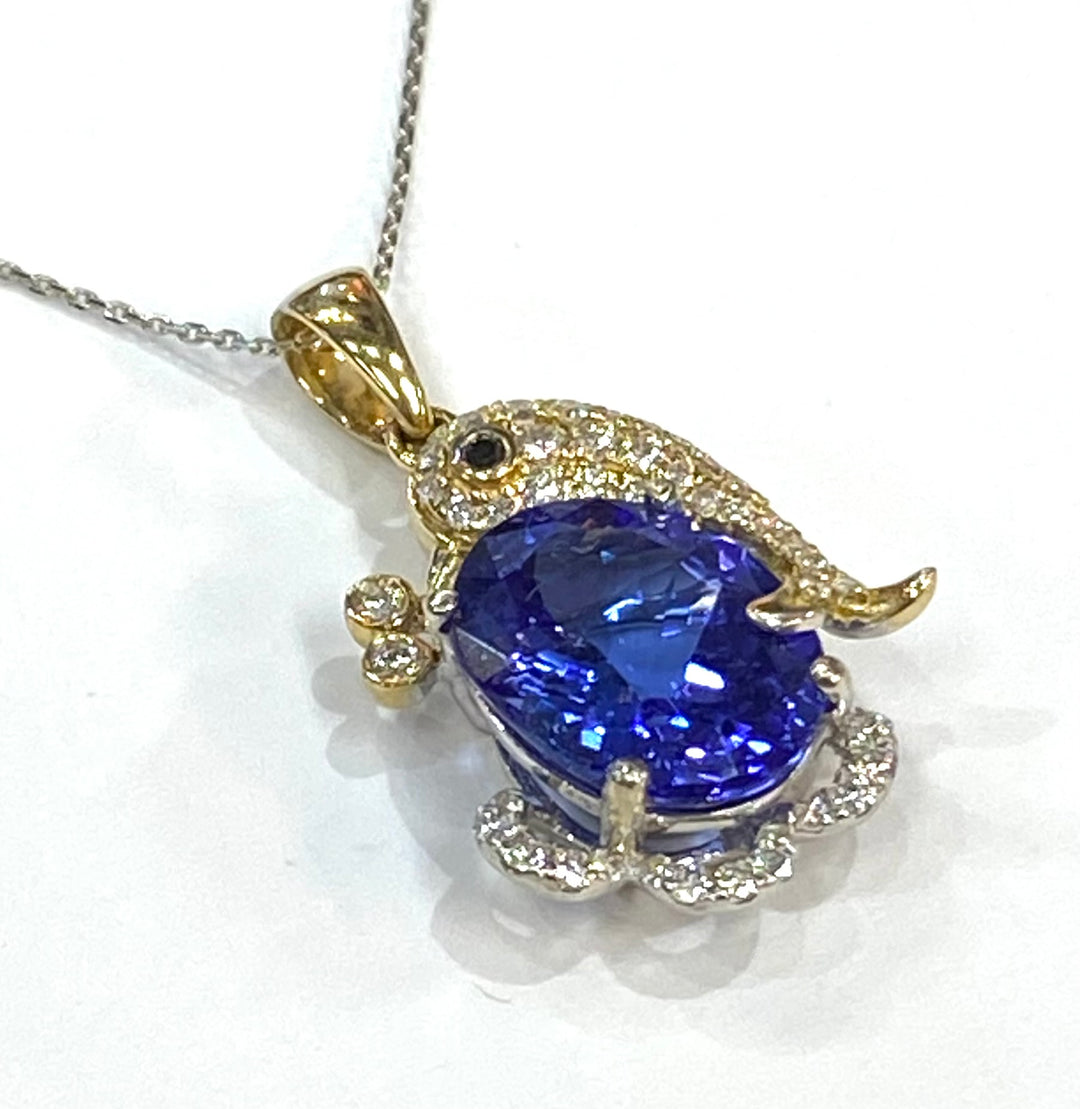 Tanzanite Diamond 14K Dolphin Design Pendant & Chain