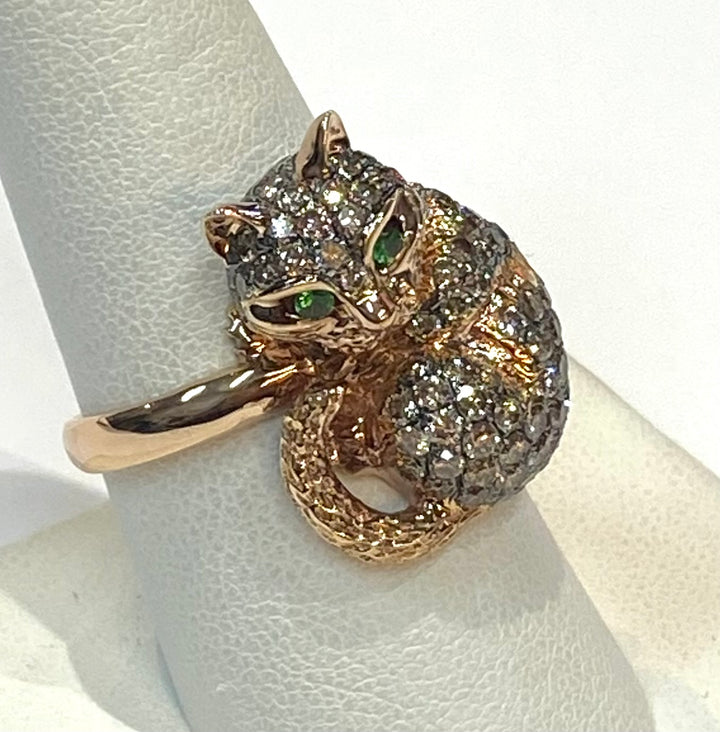 Diamond Tourmaline 18K Rose Gold Cat Design Ring