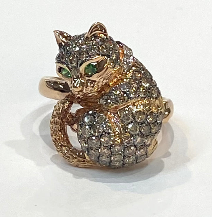 Diamond Tourmaline 18K Rose Gold Cat Design Ring