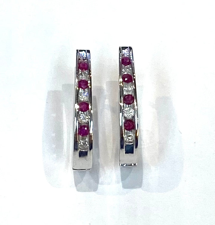 Diamond Ruby 14K WG Oval Hoop Style Earrings