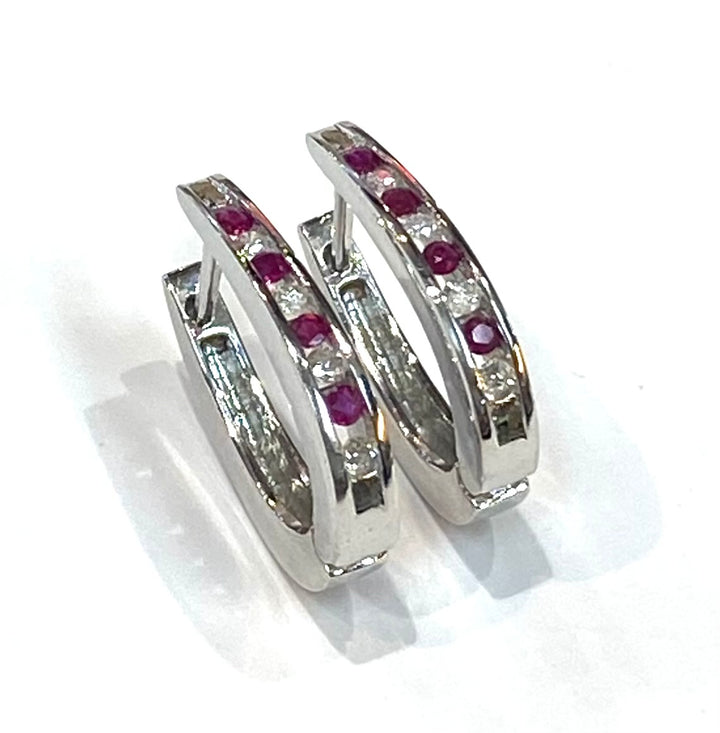 Diamond Ruby 14K WG Oval Hoop Style Earrings