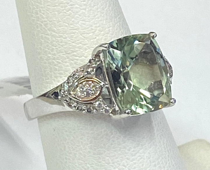 Prasiolite Diamond 14K White Gold Ring