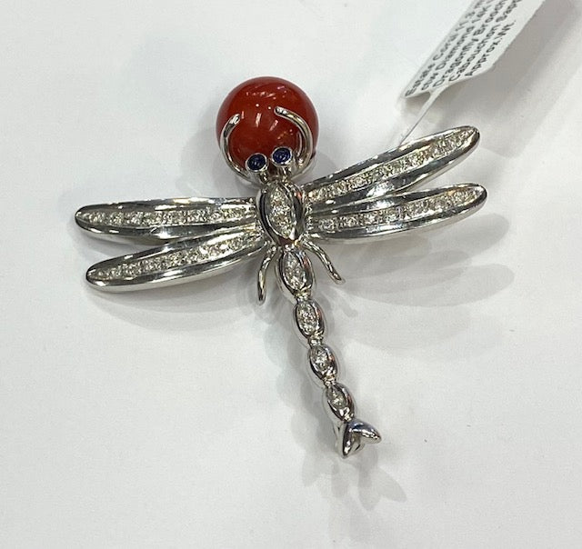 Dragonfly 14K White Gold Coral Diamond Sapphire Brooch/Pendant