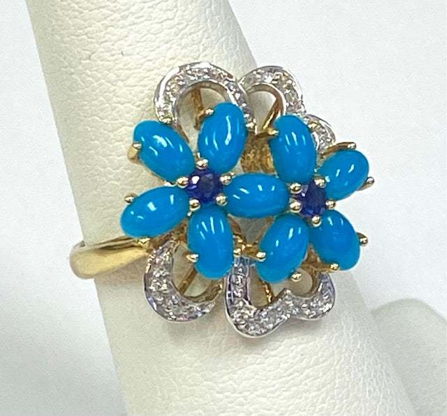 Turquoise Sapphire Diamond 18K Yellow Gold Floral Design Ring