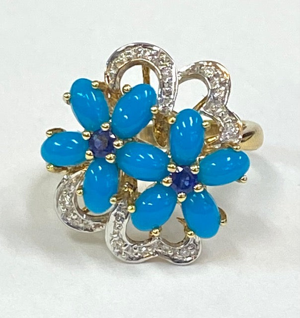 Turquoise Sapphire Diamond 18K Yellow Gold Floral Design Ring