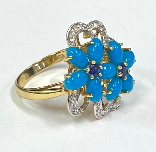 Turquoise Sapphire Diamond 18K Yellow Gold Floral Design Ring