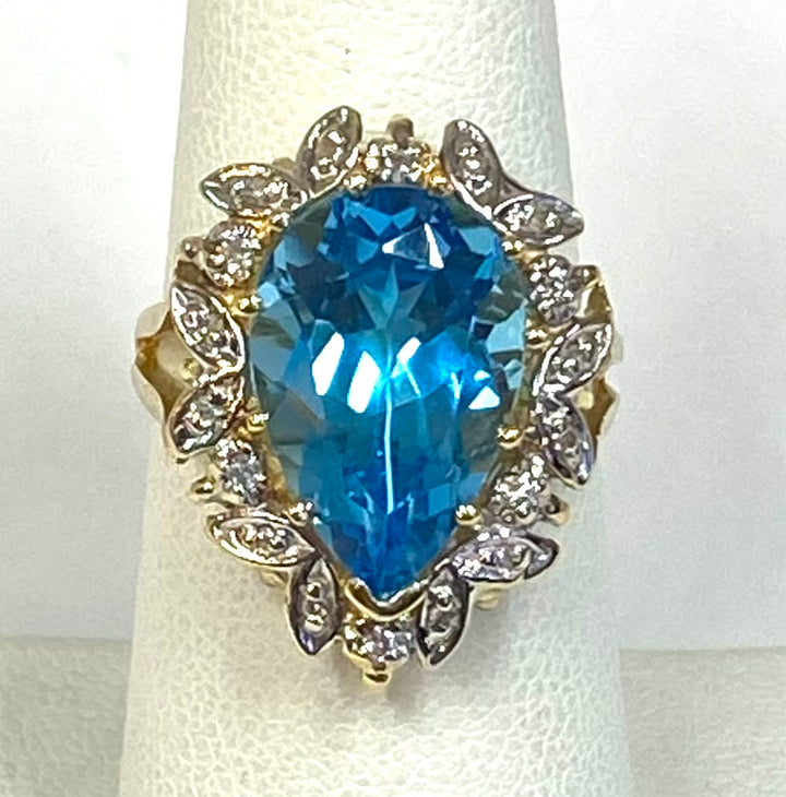 Blue Topaz Diamond 14K Yellow Gold Ring