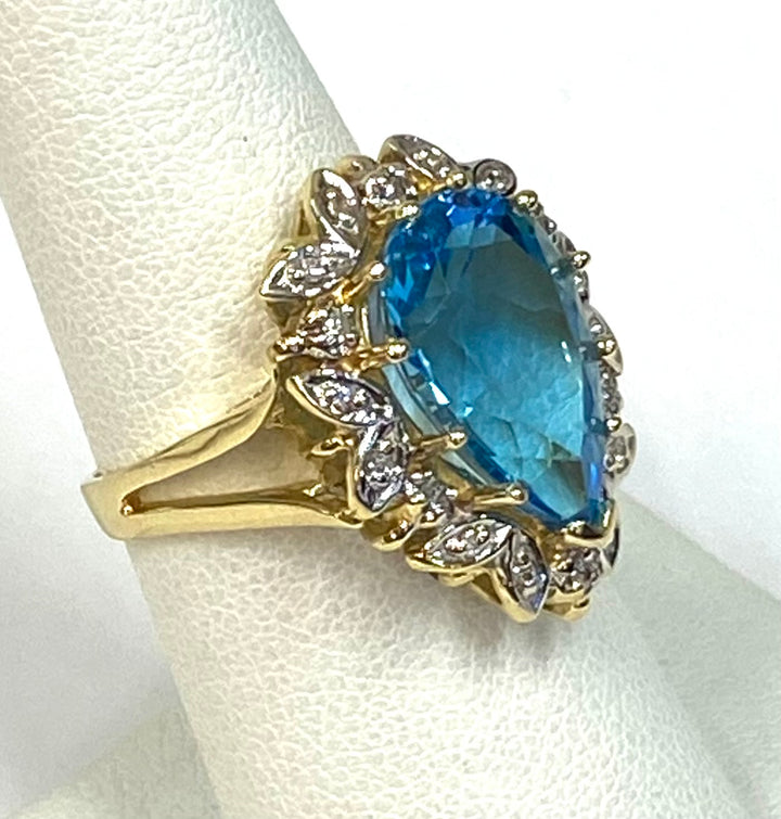 Blue Topaz Diamond 14K Yellow Gold Ring