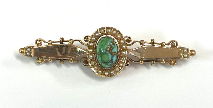 Victorian Turquoise Seed Pearl 14K Yellow Gold Brooch