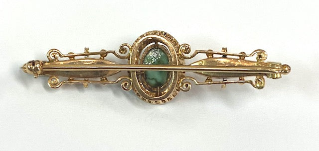 Victorian Turquoise Seed Pearl 14K Yellow Gold Brooch