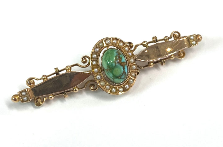 Victorian Turquoise Seed Pearl 14K Yellow Gold Brooch