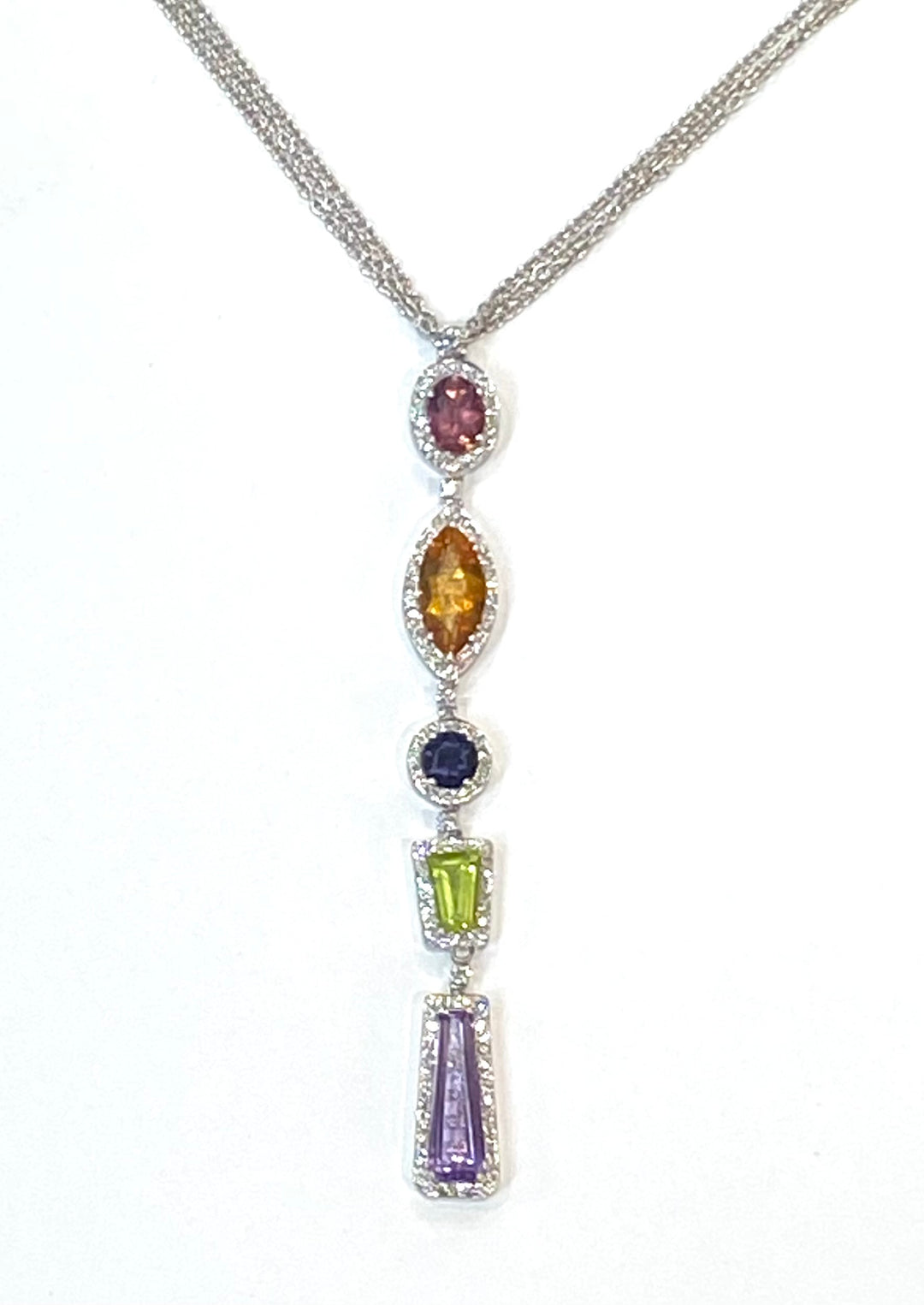 Multi Colored Gemstone Diamond 14K White Gold Pendant & Chain