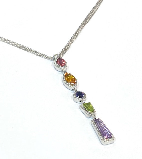 Multi Colored Gemstone Diamond 14K White Gold Pendant & Chain