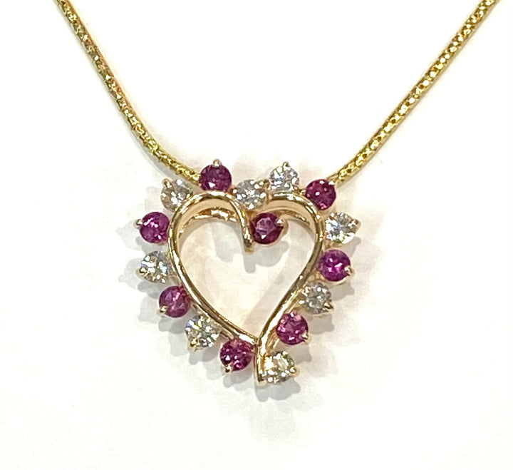 Ruby Diamond 14K Yellow Gold Heart Shaped Pendant & Chain