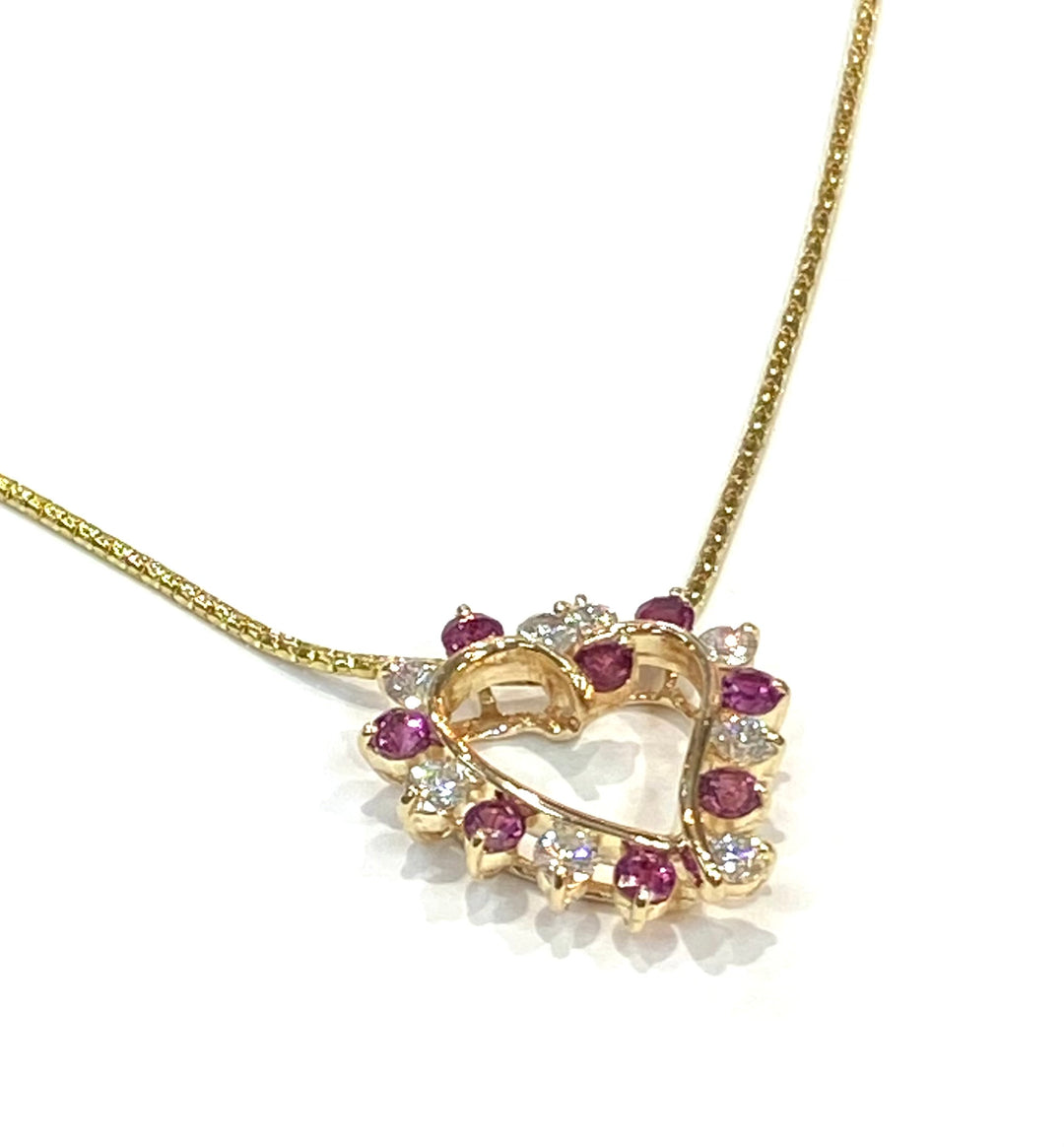 Ruby Diamond 14K Yellow Gold Heart Shaped Pendant & Chain