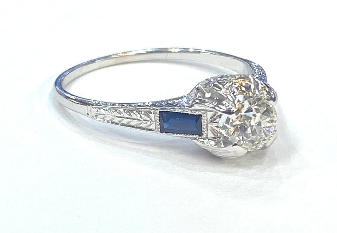 Art Deco Diamond Synthetic Sapphire 18K White Gold Ring