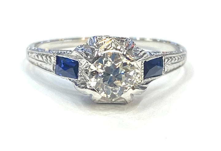 Art Deco Diamond Synthetic Sapphire 18K White Gold Ring